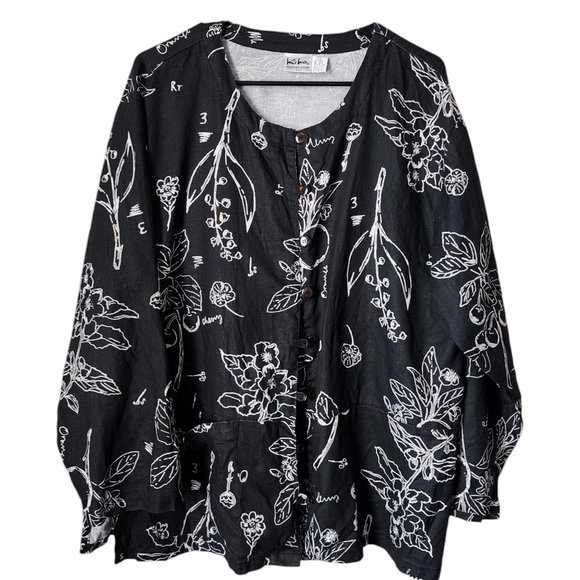 KIKO comfort clothing 100% linen top Black Floral button front lagenlook L - Picture 3 of 11